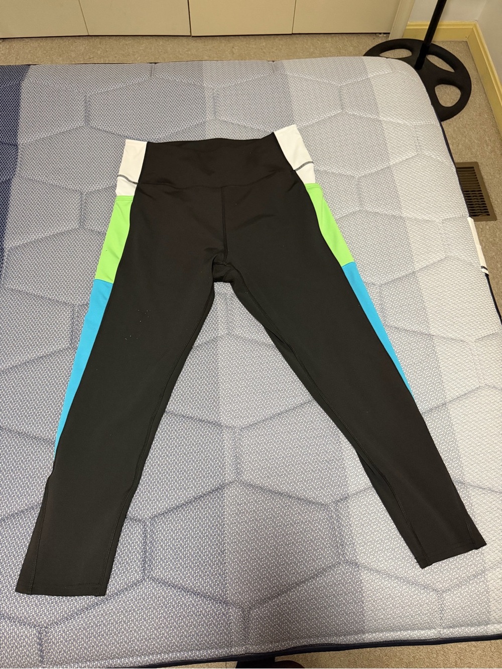 Women's Black Leggings with Blue and Green Side Panels